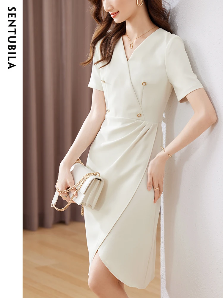 SENTUBILA Elegant V Neck Ruched Faux Wrap Dress for Women 2024 Fashion Short Sleeve Bodycon Split Dress for Ladies Work Office