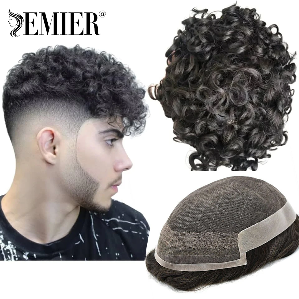 Rambut palsu keriting 25mm untuk pria, Wig PU laki-laki 8 "x10" sistem pengganti rambut manusia renda Prancis Dengan tahan lama