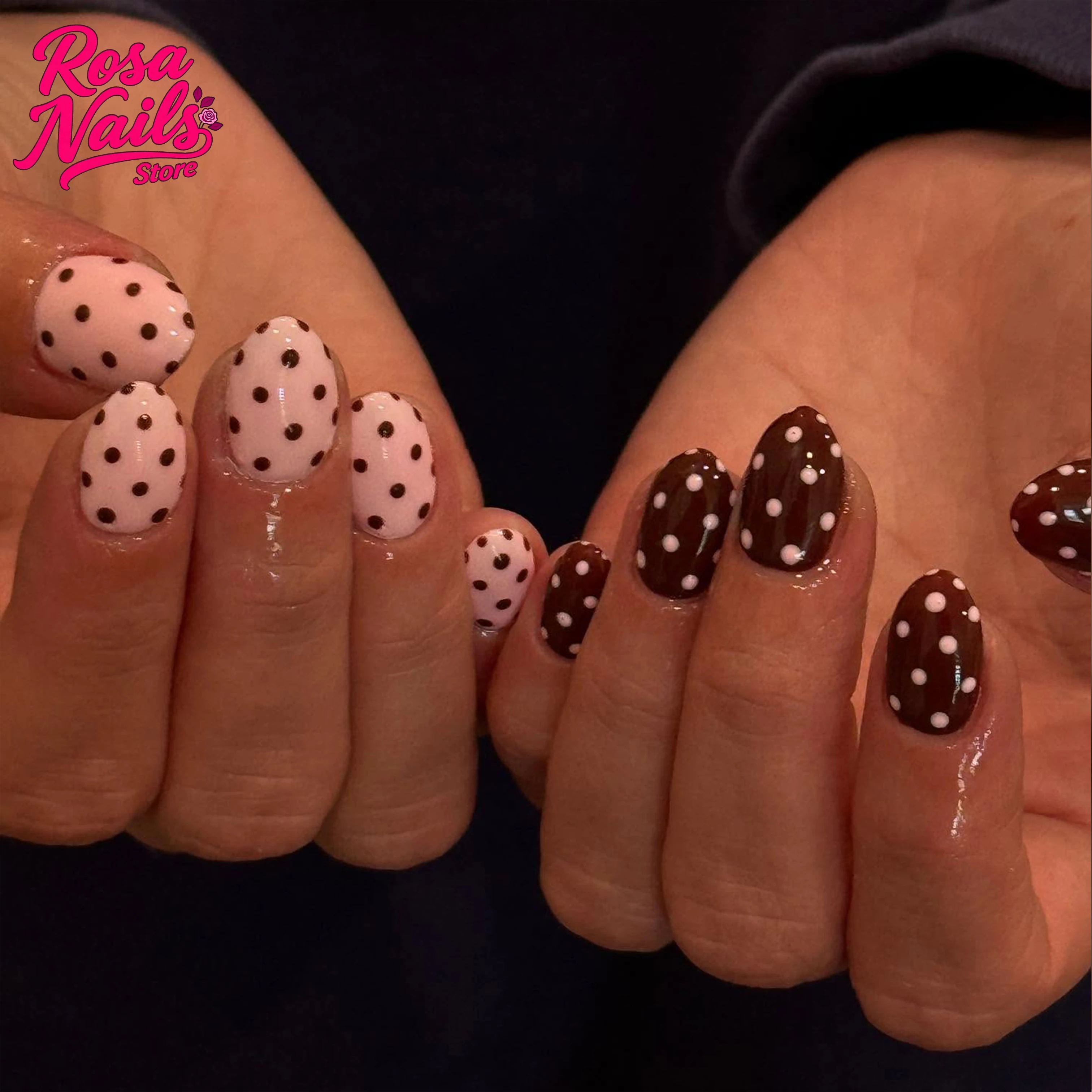 

Розовый Коричневый Горошек Накладные ногти Nail Art Press on Handmade Pressons Короткие круглые миндалевидные ручная роспись в горошек Press on Nails