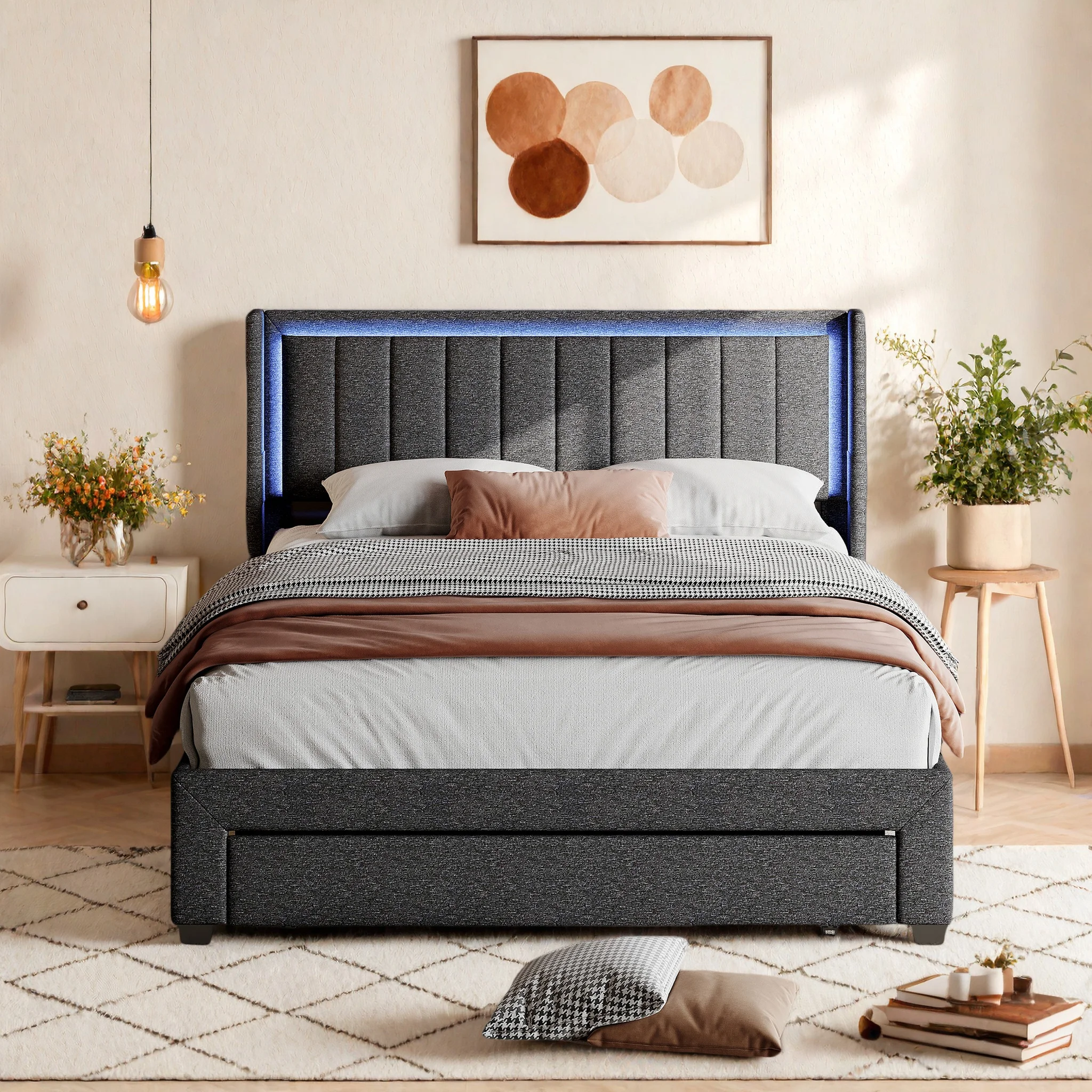 Rosahqnda Cadre de lit rembourré avec tiroirs USB LED Lit plateforme en lin 140-160-180 × 200 cm Lit logement pour jeunes Lit d'invité