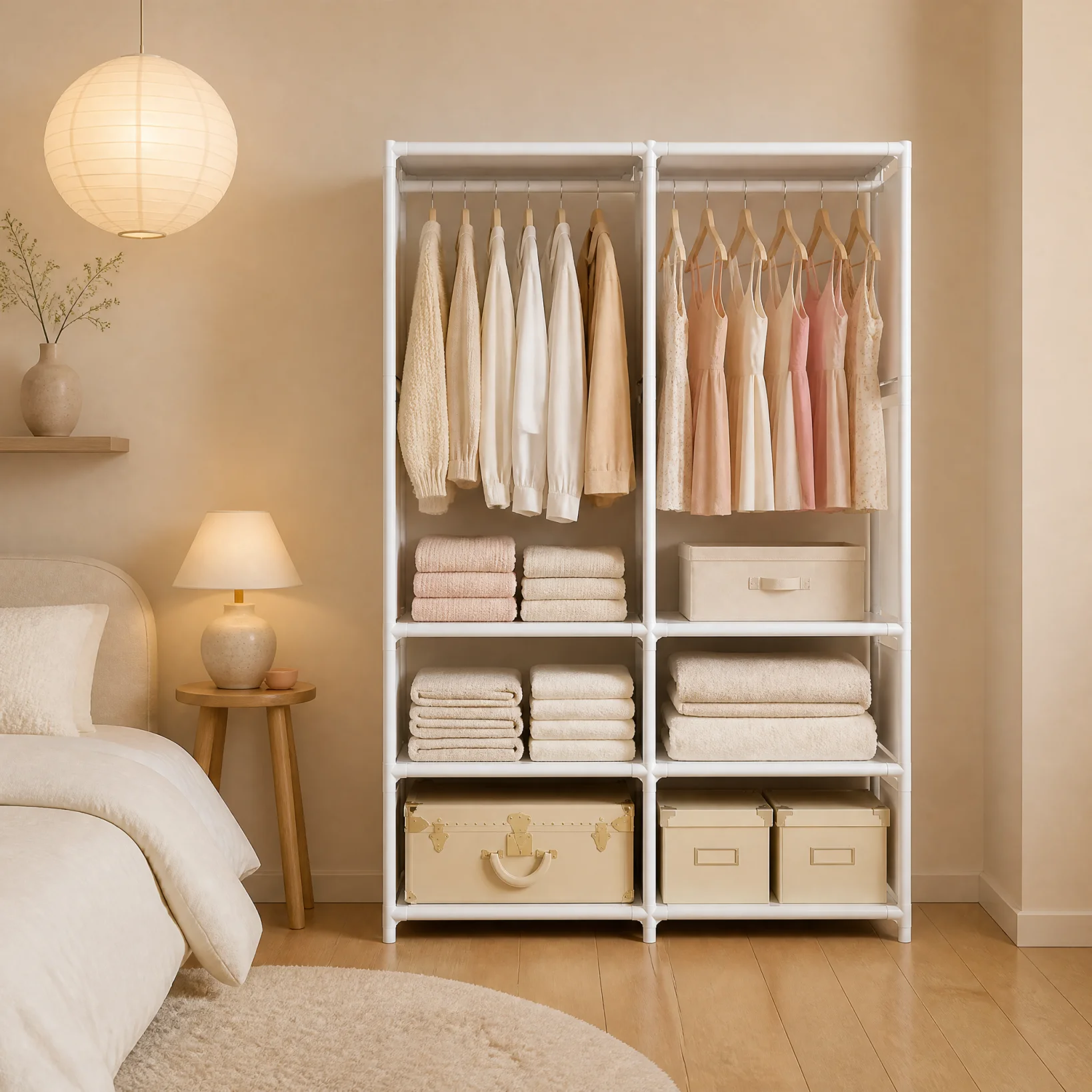 Large Capacity Fabric Wardrobe, 16mm Galvanized Tube Dust‑Proof Cover, Hanging & Shelf Storage Open Closet for Home Dorm Use