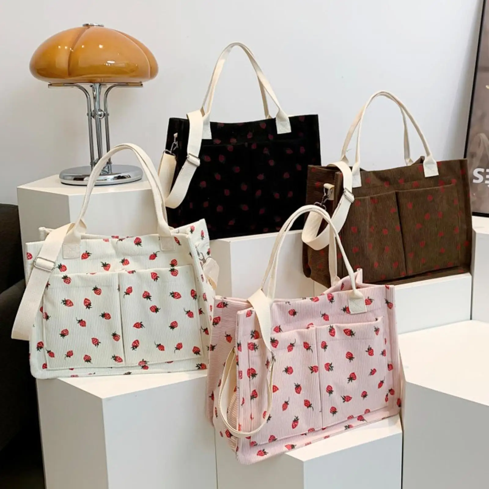 

Strawberry Patched Tote Bag Cute Embroidery Canvas Tote Purse Large Capacity Adjustable Shoulder Strap Durable Fabric Bag