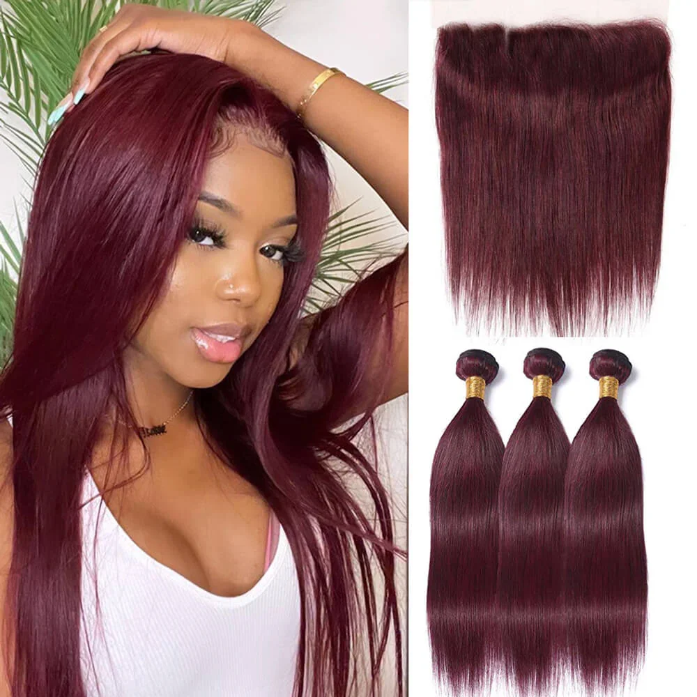 

28 30 Inch 99j Bundles With Lace Frontal Raw Straight Human Hair Bundles With Closure 13x4 Frontal Burgundy Bundles Human Hair