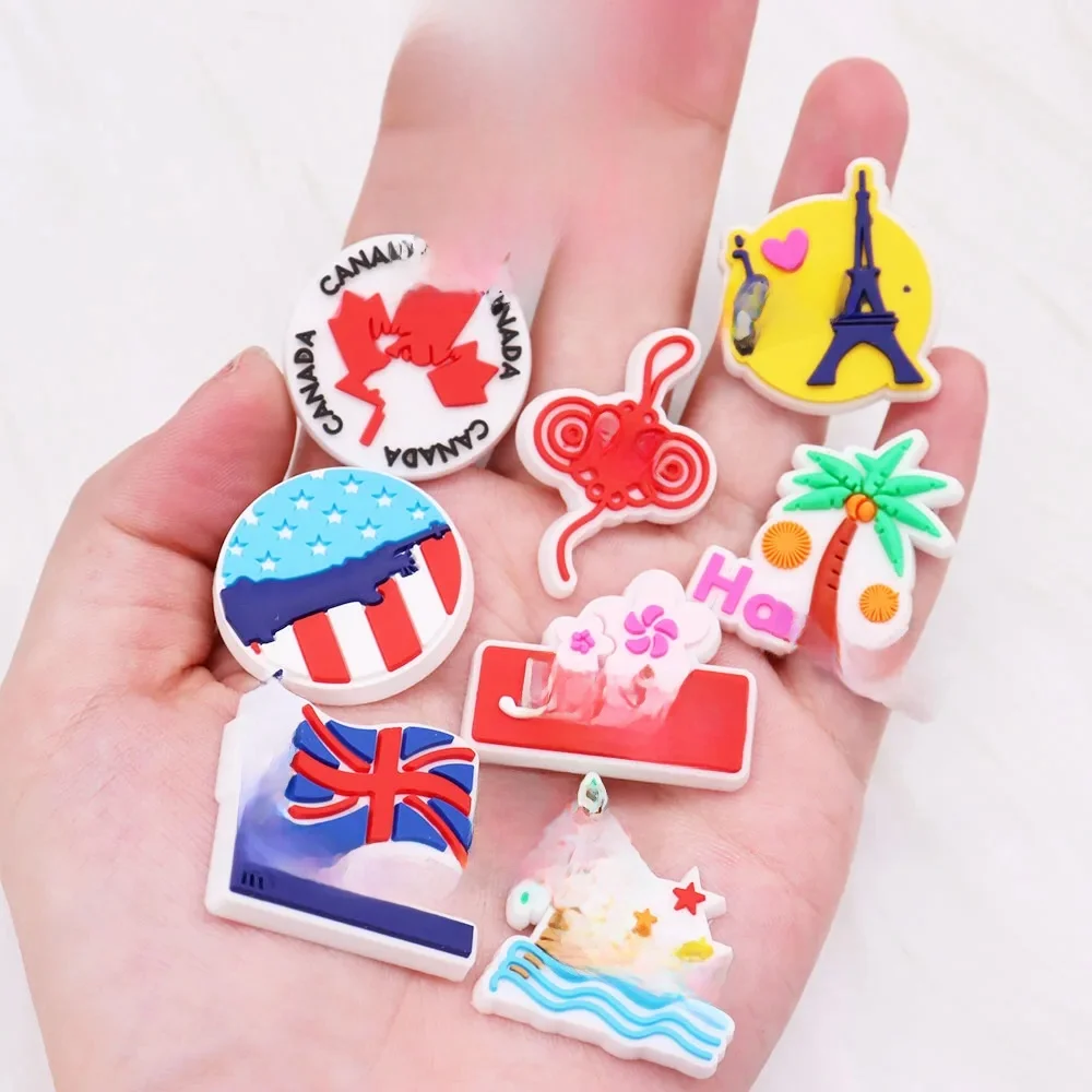 Breloques de chaussures en PVC, 1 à 9 pièces, accessoires de londres, Hawaii, Paris, japon, décorations de chaussures de jardin, adaptées au bricolage, cadeau de fête pour enfants, offre spéciale