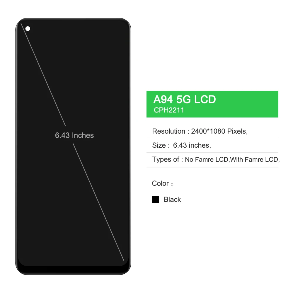 6.43 "A94 5G Amoled Scherm, Voor Oppo A94 5G Lcd Scherm Vervanging Voor Oppo A94 5G Cph2211 Lcd Display Digitizer + Frame