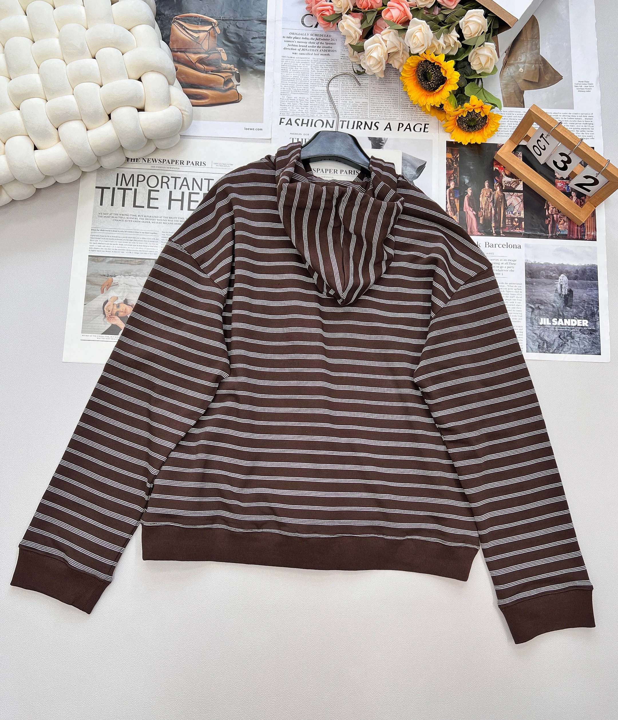 Nouveau Femmes de haute qualité mode cacao marron rayé fermeture éclair sweat à capuche veste décontractée