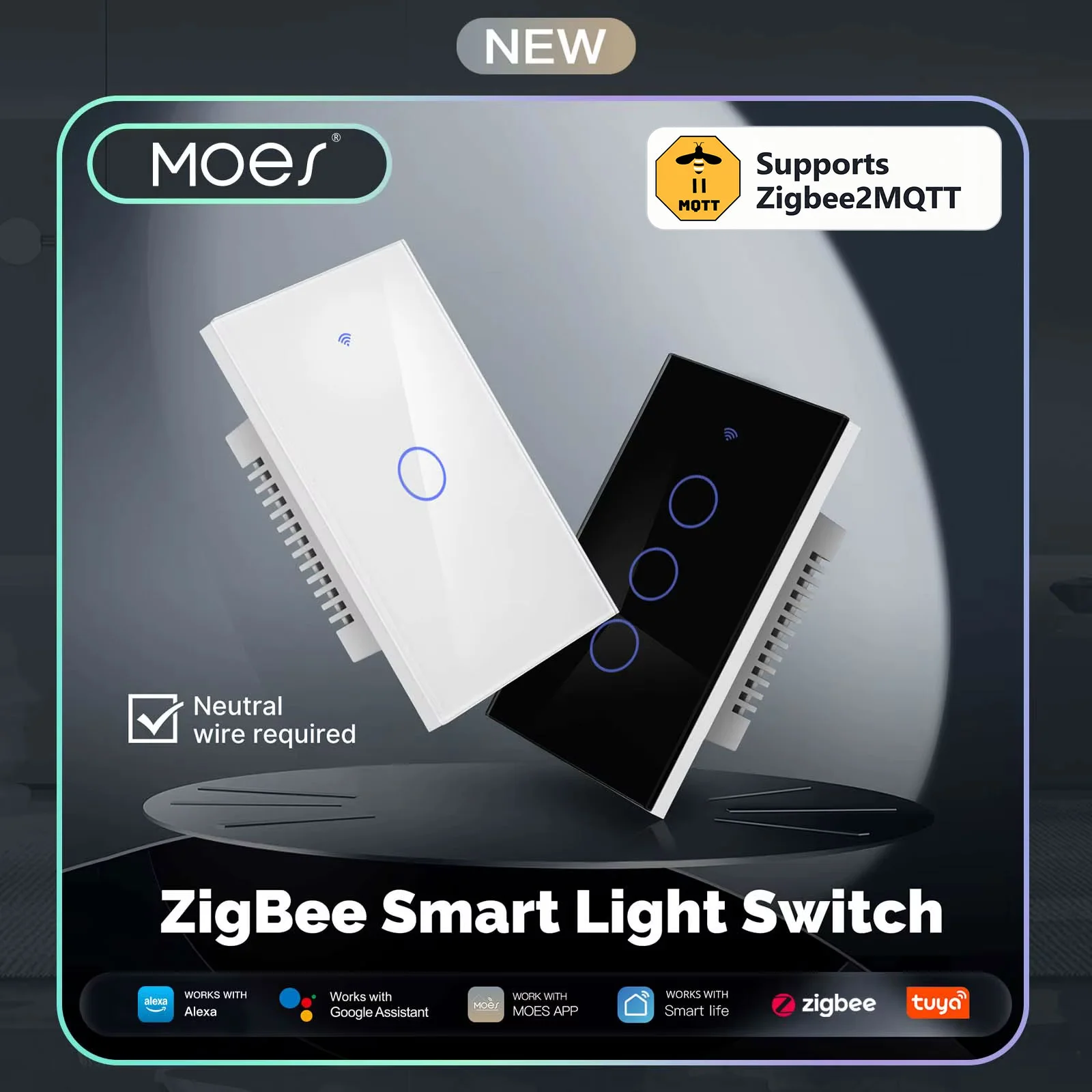 MOES Tuya Zigbee2MQTT Light Switch Touch Glass Panel Fireproof Neutral Wire Required Remote Control Work With Alexa Google Home