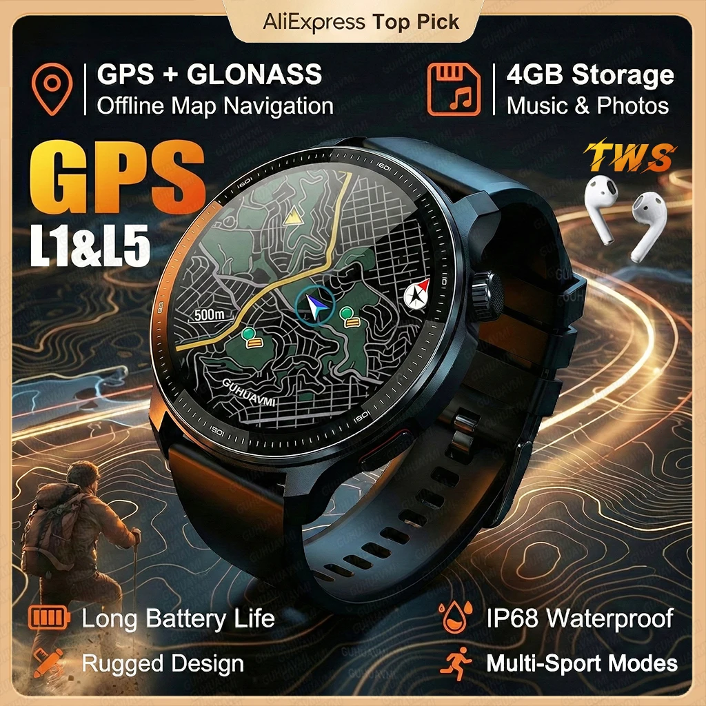 

2026New GPS Global Maps Smart Watch Men 4GB Storage TWS Music &Video Player HD Display Voice Call Sport Swim Waterproof Bracelet