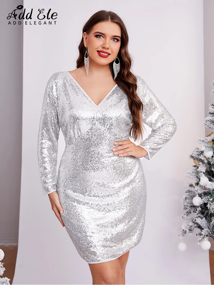 Adicionar elegante plus size 2022 estilo de natal vestido de lantejoulas feminino frente traseira com decote em v cintura prata sexy mini party club vestidos e459