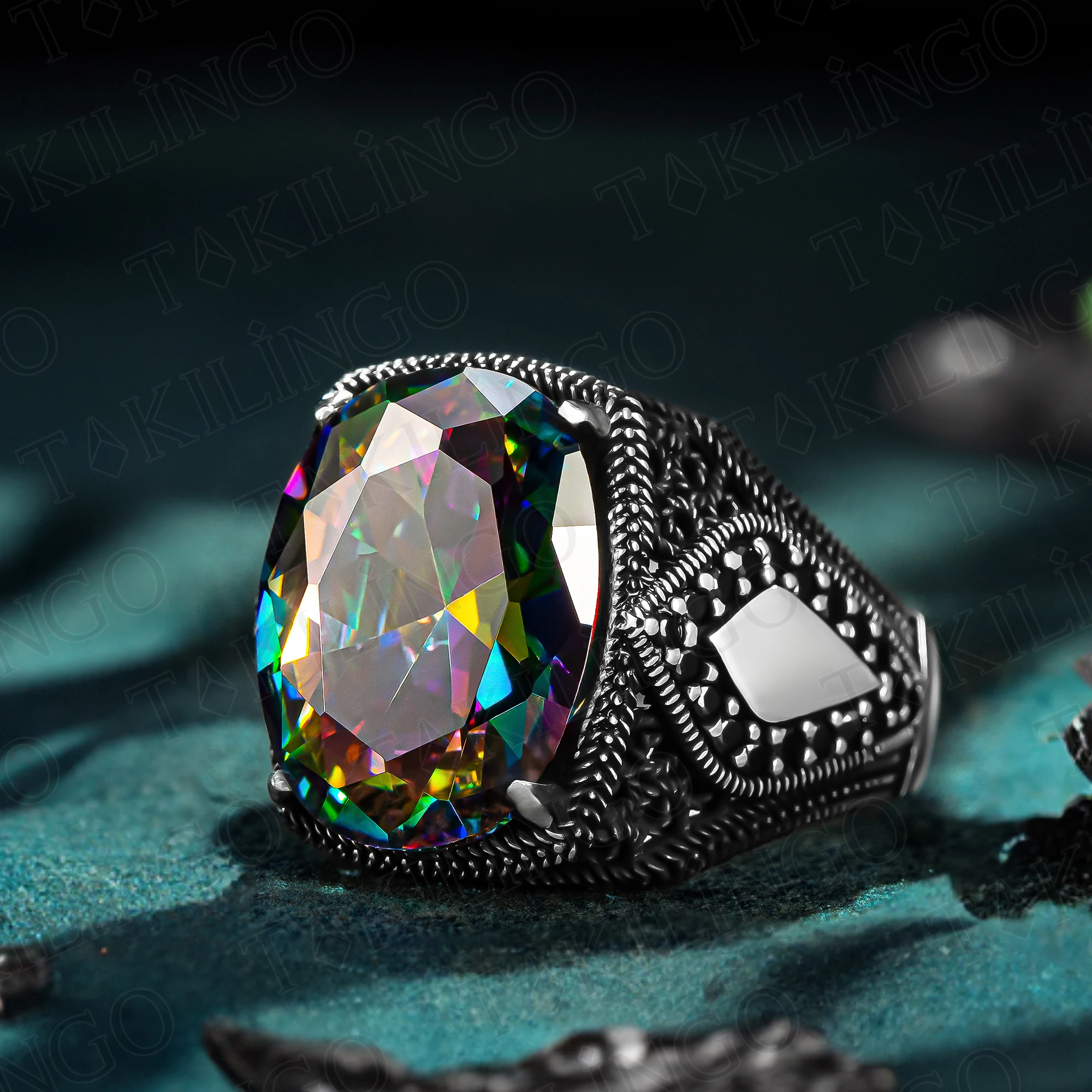 

925 Sterling Silver Mystic Topaz Stone Turkish Men's Ring Ottoman Style Gift For Men