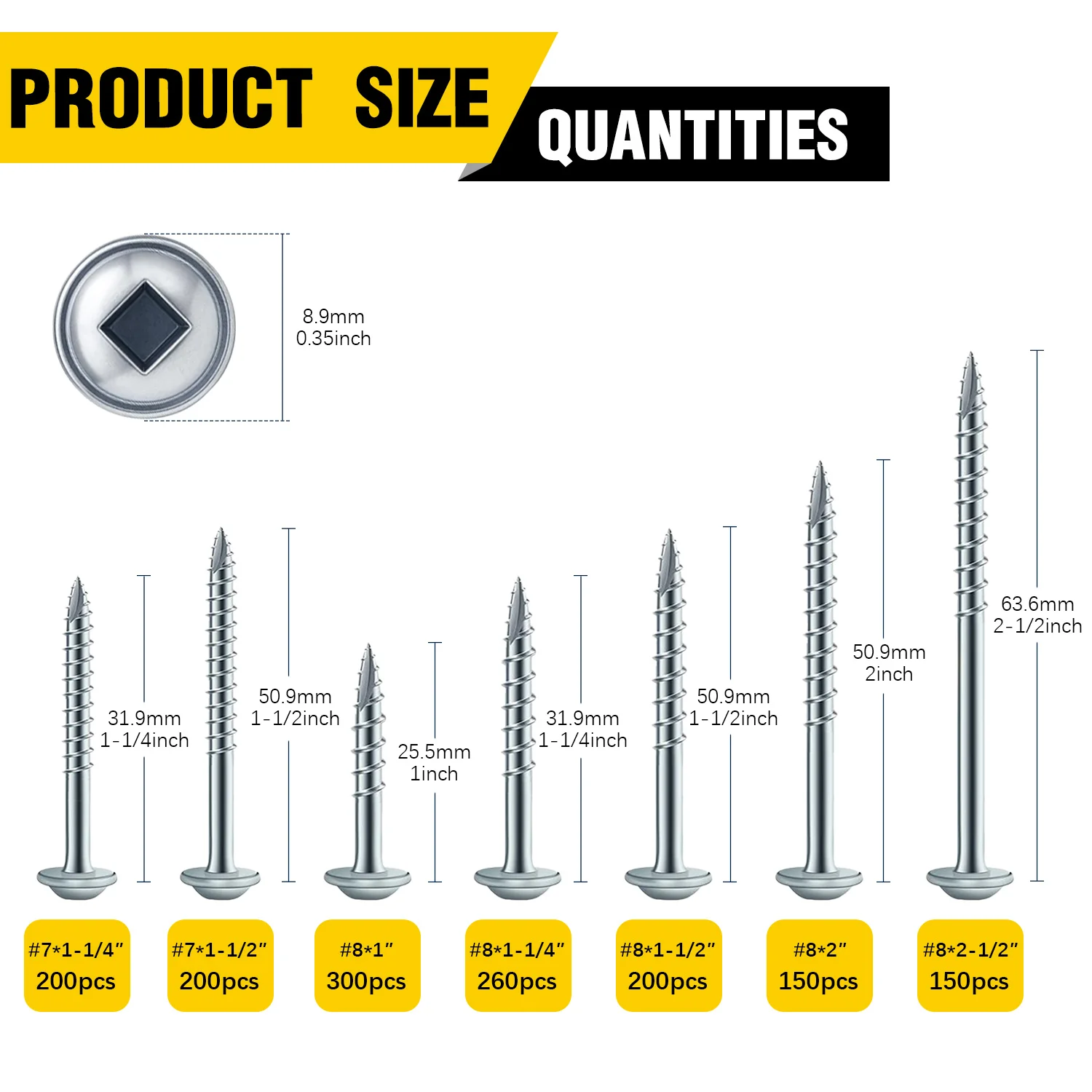 VKKM #8 x 2-1/2 Inch Pocket Hole Screws, Robertson Square Drive Truss Head Self Tapping Wood Screws, 150 PCS with Free 150mm Square Drive Bit for Woodworking Pocket Hole Joinery