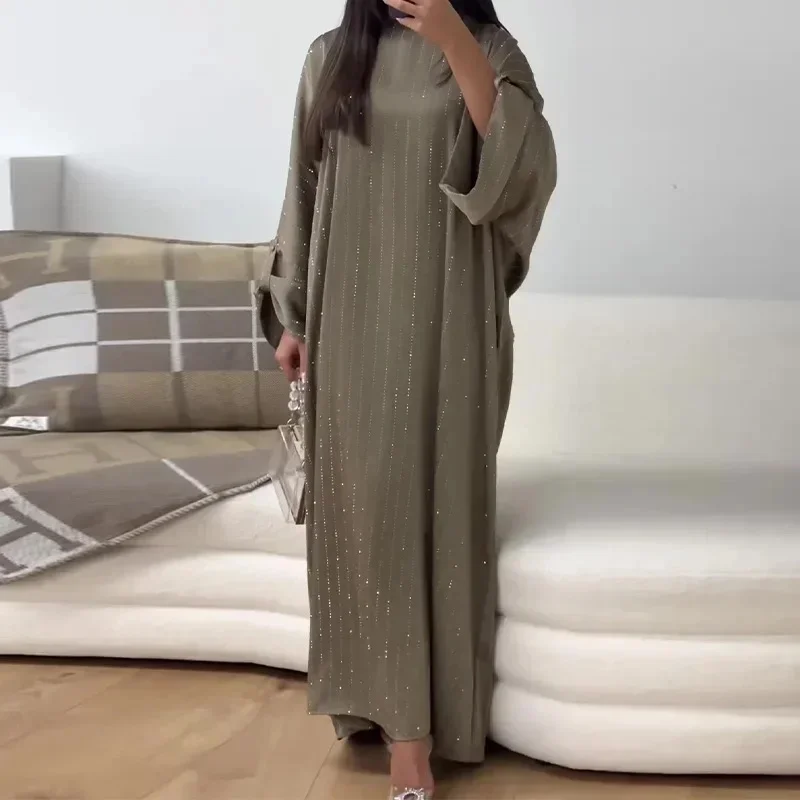 Femmes col rond longue robe Maxi ample rayures brillantes longueur au sol robe Abaya