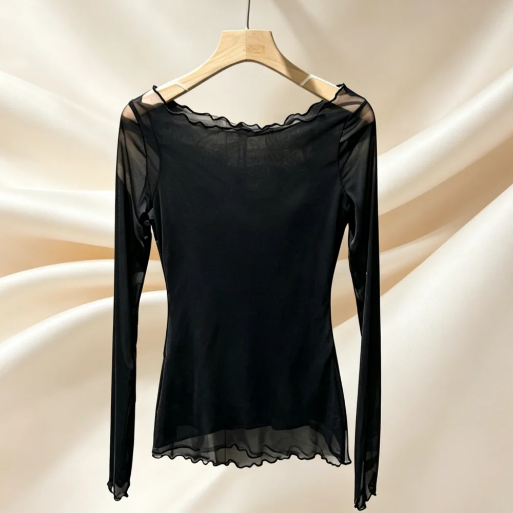 

2026 Women's Sheer Mesh Long Sleeve Top Black Ruffle Trim See-Through Blouse Slim Fit Y2K Streetwear 032