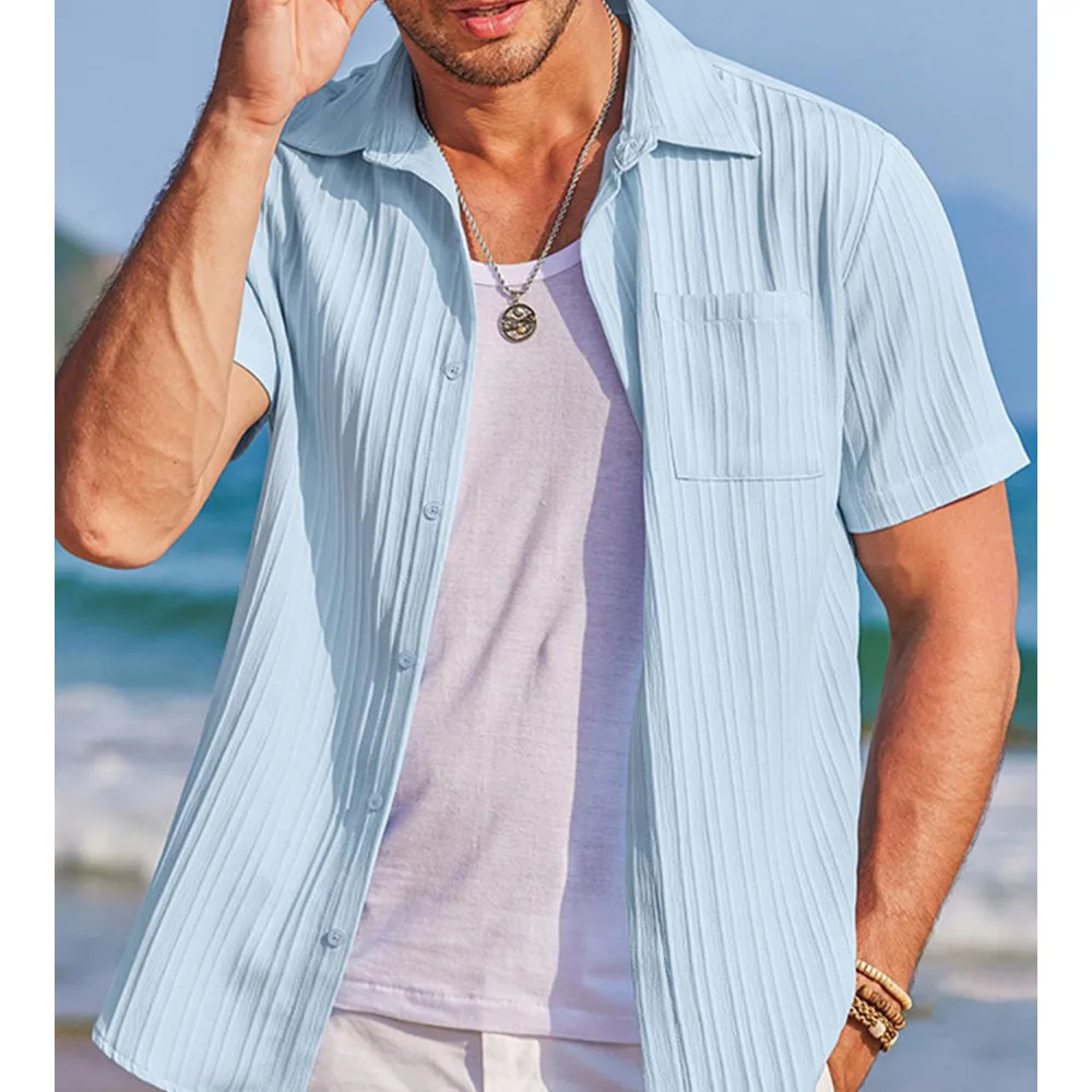 

Men's Summer Short-Sleeve Shirt Breathable Textured Button Casual Beach Hawaiian Style Top 2026 New