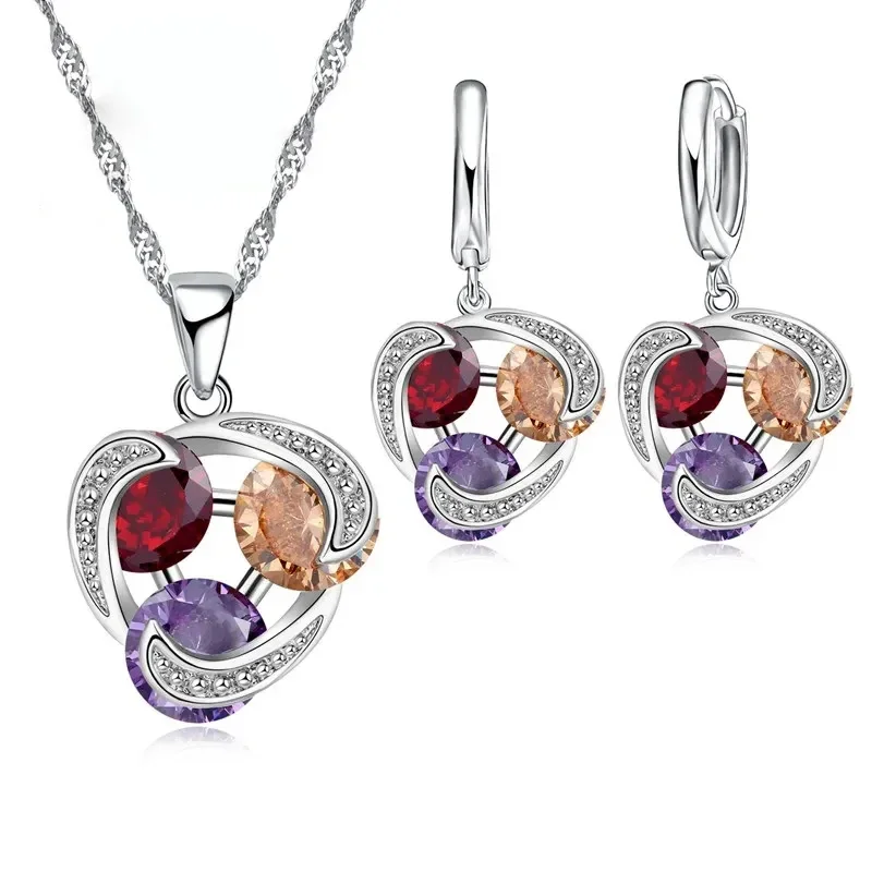 925 Sterling Silver Color Fashion Jewelry Set dla kobiet Dziewczyna Naszyjnik Hoop Kolczyki CZ Cyrkonia Prezent na rocznicę — zdjęcie 2