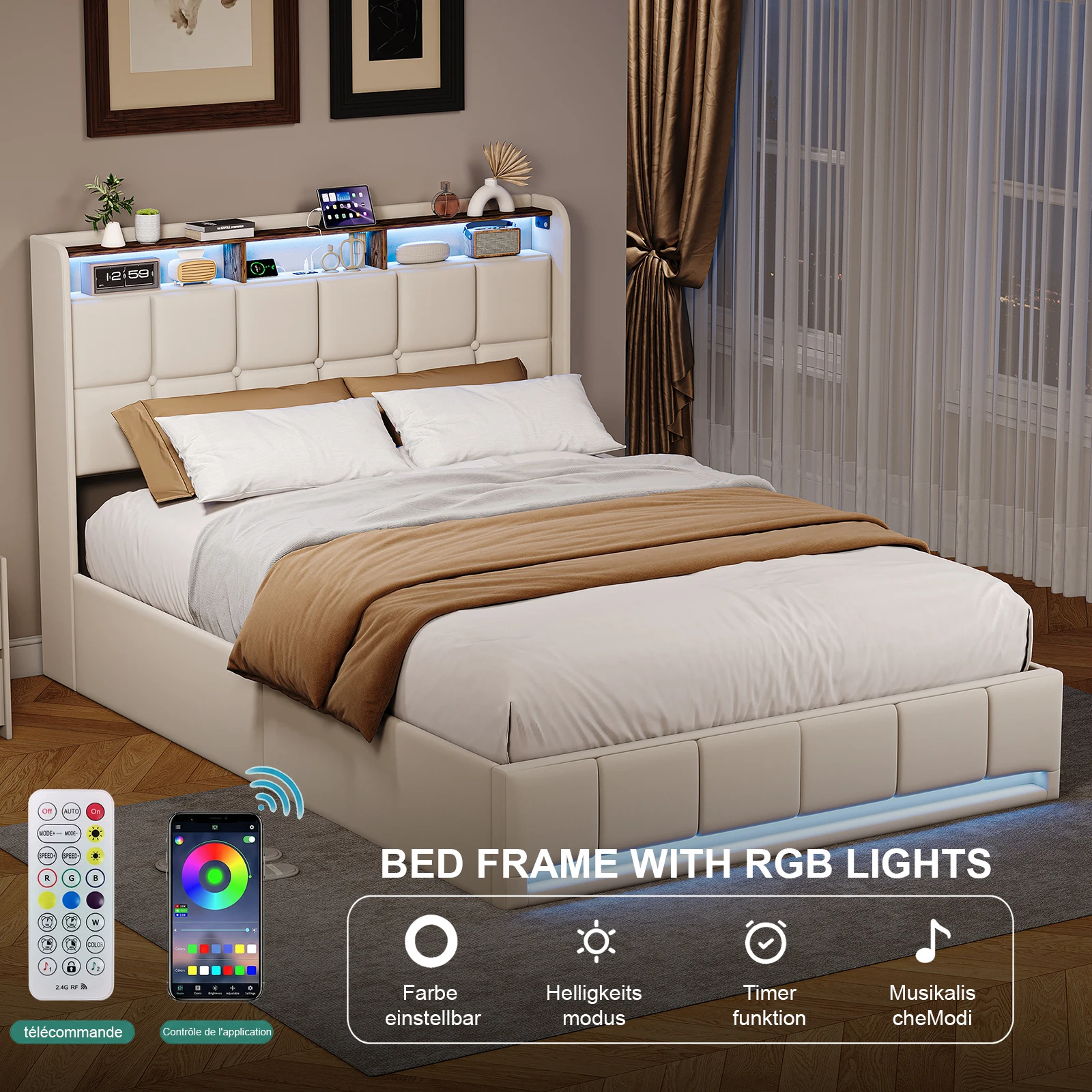 Cama hidráulica de 140x190 con LED y USB, cama capitoné de con cabecero con almacenamiento, estructura de cama doble para 2 personas, cama tapizada en lino con almacenamiento para adultos, cama doble con iluminación