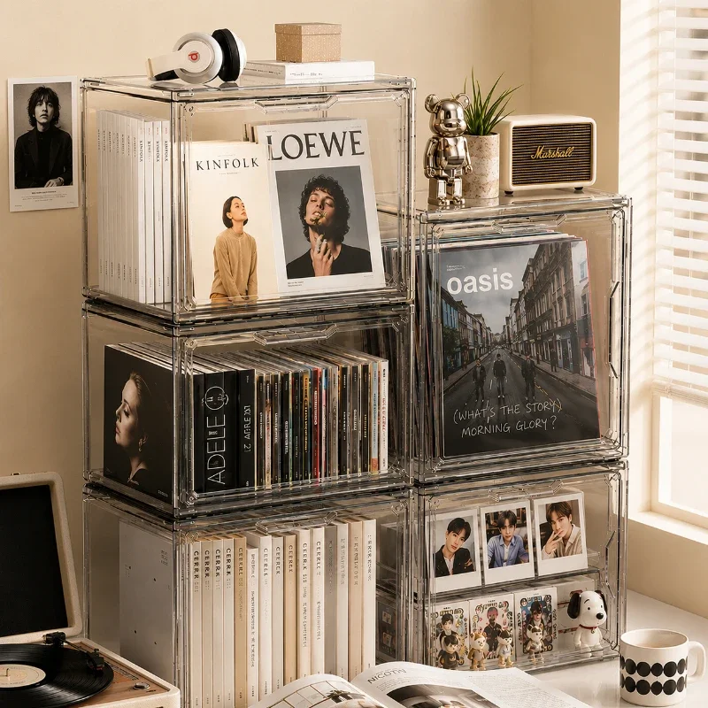 Boîte de rangement transparente, organisateur de bibliothèque, album, CD, présentoir de bureau anti-poussière, vitrine pour figurines, boîte en acrylique, vitrine pour blind box