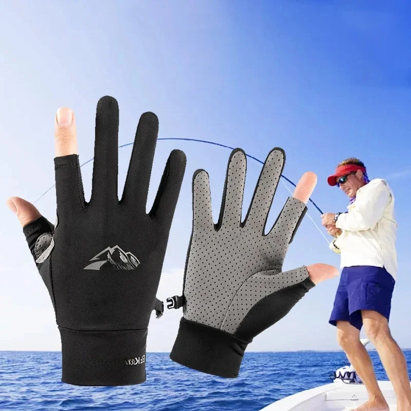 AliExpress Fishing Men Gloves Women Two Fingers Cut Ice Silk Summer Sun Protection Elastic Non-slip Thin Breathable Driving Cycling Gloves