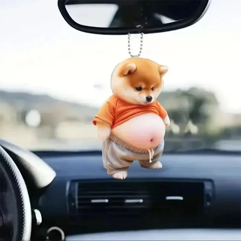 Porte-clés chiot gras 2D plat en acrylique, ornement de chien de dessin animé, miroir de voiture, sacs à dos, pendentif suspendu pour la décoration de la maison