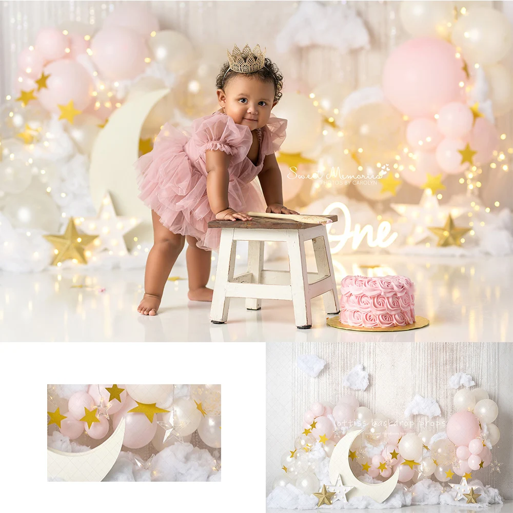 Twinkle Star Moon Backdrops Kids Baby Birthday Cake Smash Photocall Props Child Photo Pink Peach Balloons Backgrounds