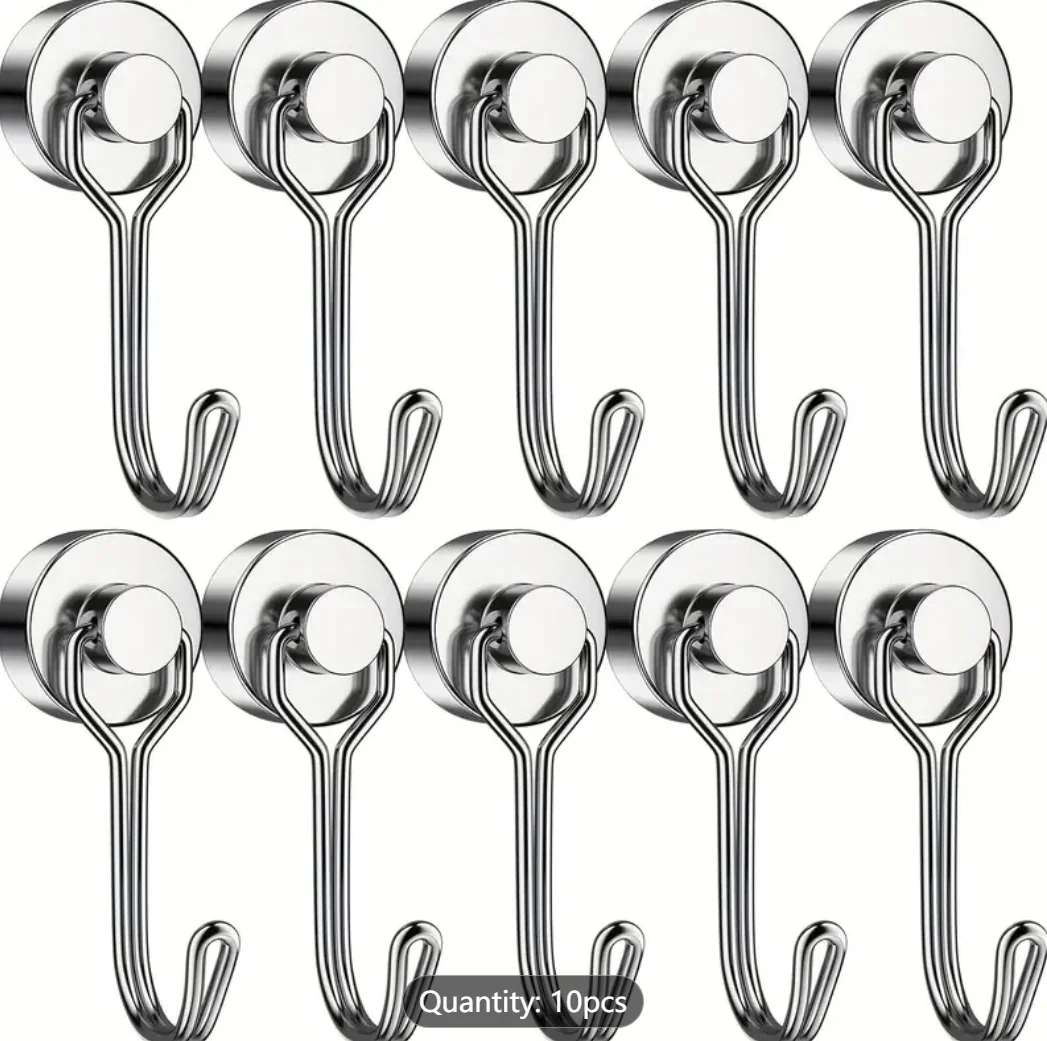 

10 Pack Heavy Duty Magnetic Hooks, Neodymium Rotatable Door Mount Metal Hooks with Polished Finish, Foldable and Adjustable for