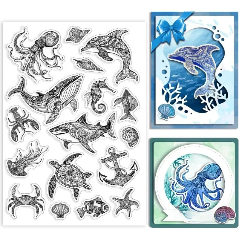 1 arkusz Ocean Life Clear Stamps Wieloryby morskie Silikonowe przezroczyste pieczęcie 21x14,8 cm Żółwie morskie Rekiny Homary Wzór — zdjęcie 2