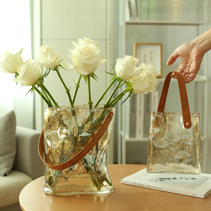 

High-grade vase glass transparent creative hydroponic rose living room ornaments flower handbag thickened flowers container