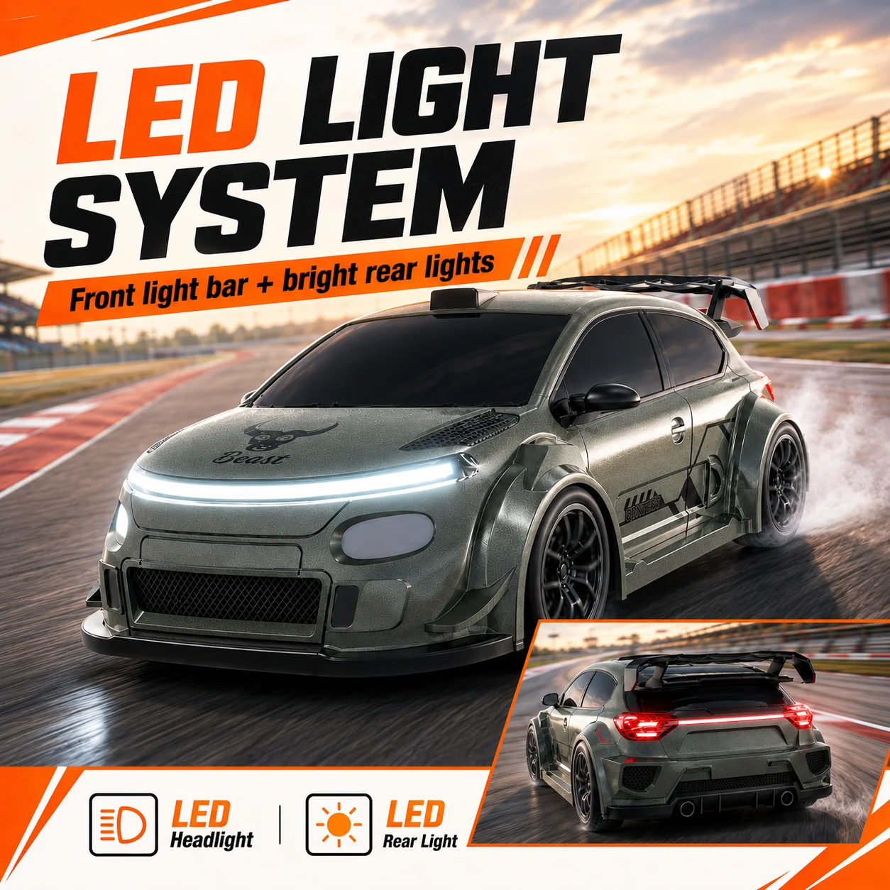 ZNLYRION RC Drift Car SG718 1: 24 Scale 4WD With Replaceable Racing Drift Tires LED Headlights Taillight Sport Rear Wing Remote Control Racing Vehicle Toy