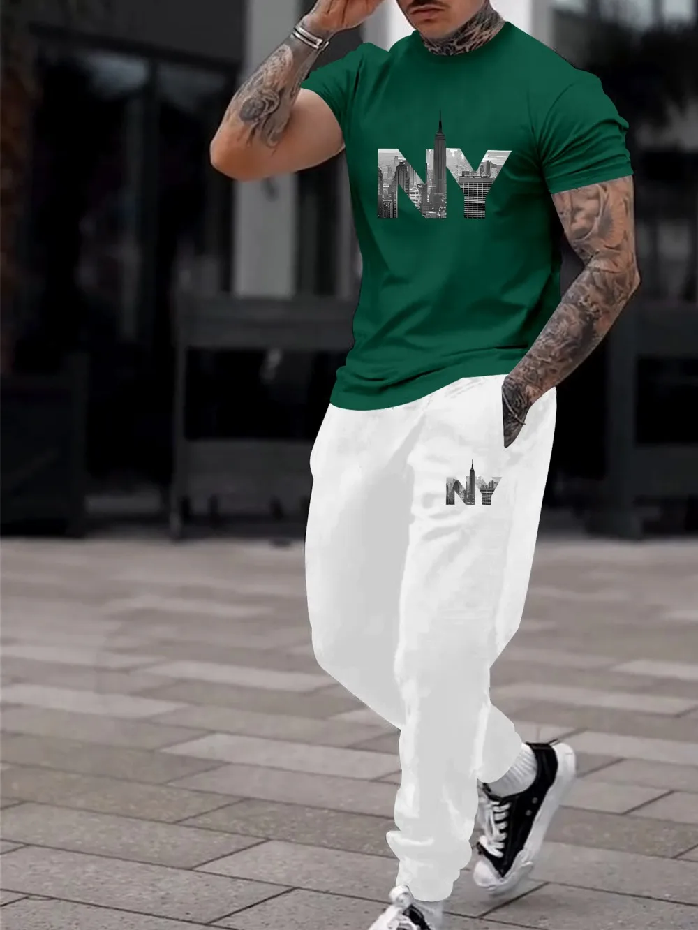 

Fashionable Men's Summer Letter City Printed Comfortable Breathable Round Neck T-shirt Pants Set Outdoor Urban Casual Clothing