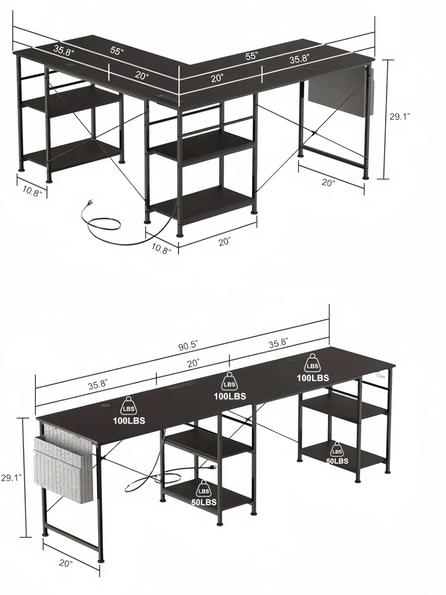 L-förmiger Computertisch mit Stauraum und verstellbarer Neigung, ideal für kleine Räume, modern, 140 x 140 x 74 cm, schwarz