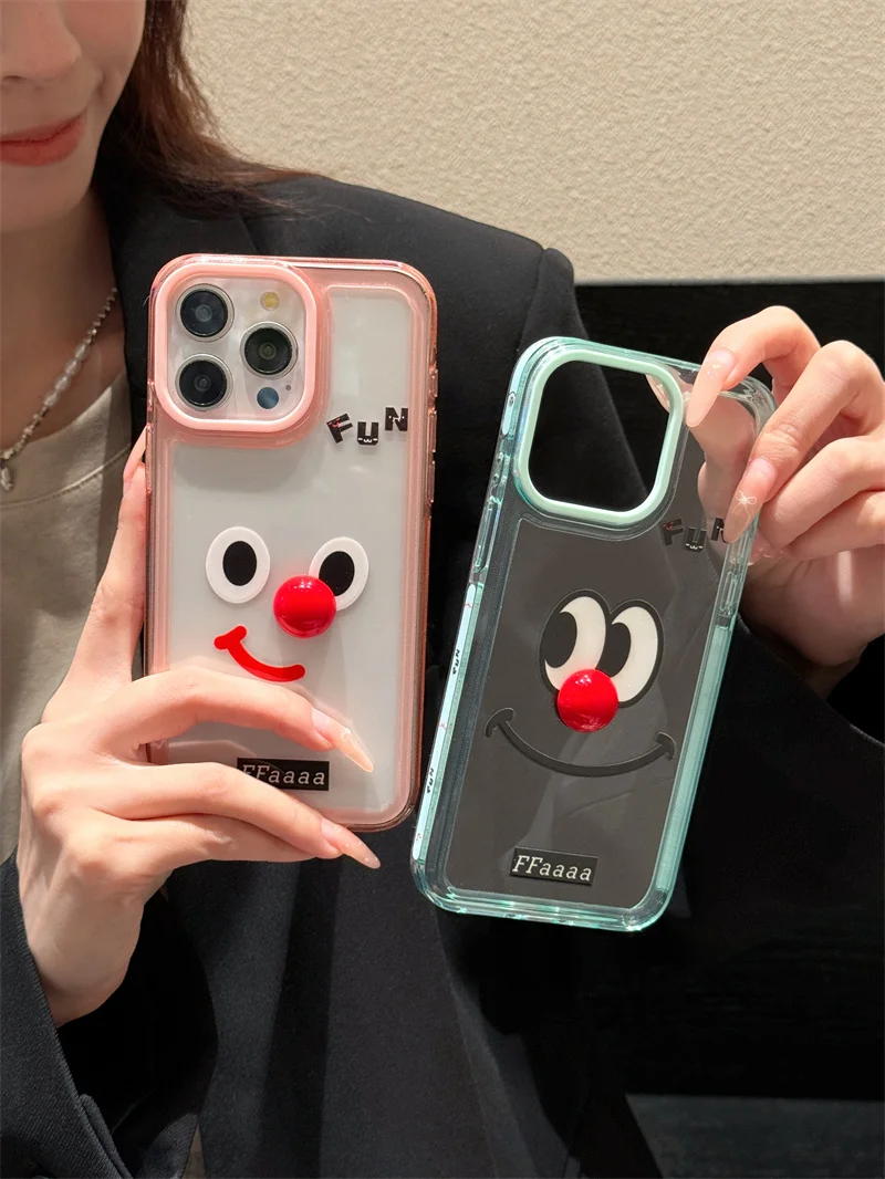 Transparent Anti-drop Phone Case Three-Dimensional Red Nose Smiley Face Simple Ins Style Female 15 Pro 13 14 Pro