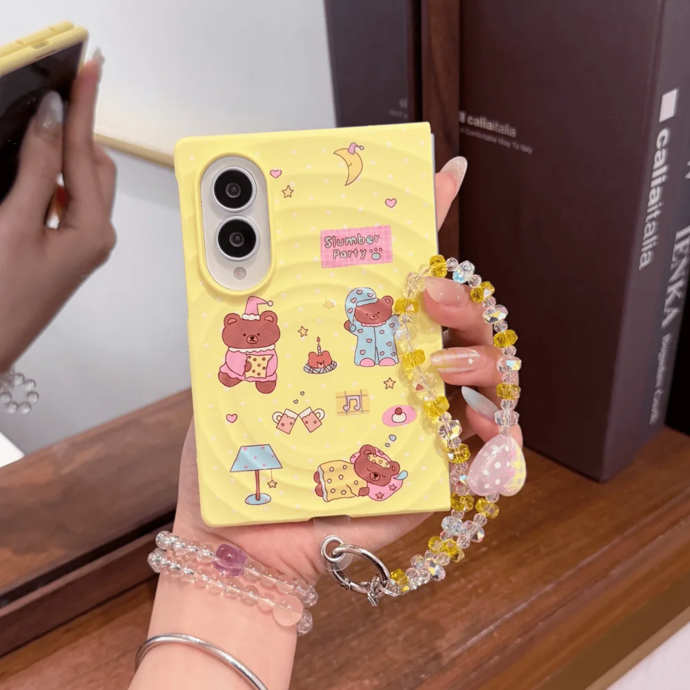 New Kawaii Pajama Party Bear Pattern Phone Case for Samsung Galaxy Z FOLD8 fold8 Cute Folding Anti Drop Set with Magnetic Holder