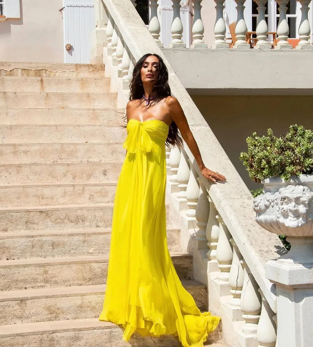 Msikoods Yellow Evening Dresses Chiffon Strapless Prom Dresses 2025 Wedding Guest Dress Elegant Gala Party Dress Customized