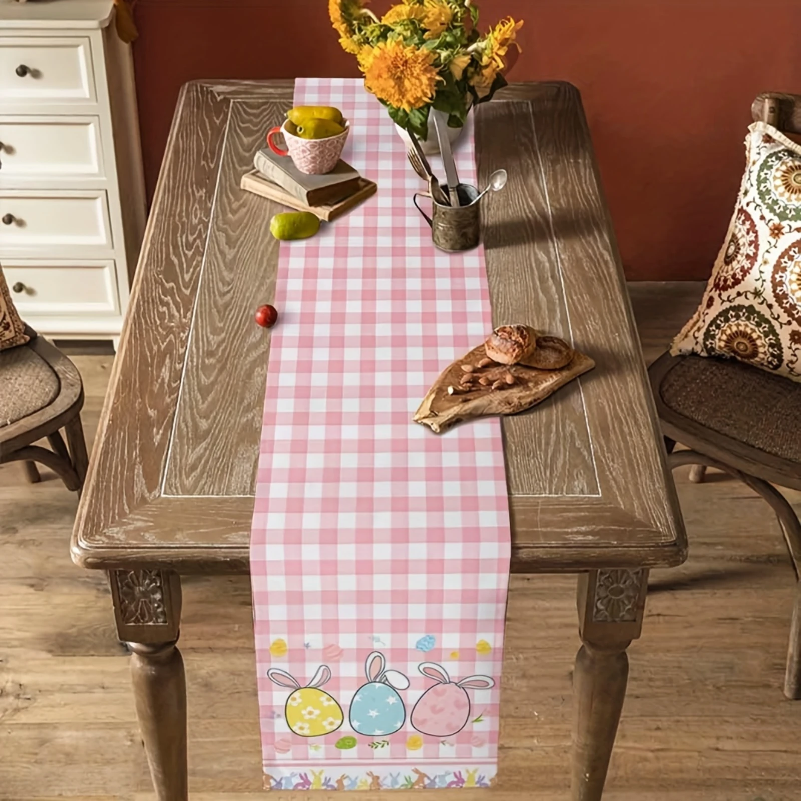 Easter Table Runner Cartoon Bunny Ears and Egg Design Pink Plaid on White Perfect for Indoor Dining and Outdoor Party Decoration
