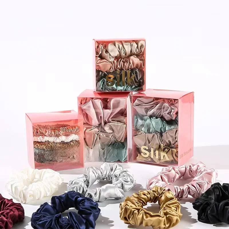 Chouchous pour cheveux en soie de mûrier Pure 100%, 1 boîte, attaches pour cheveux, bandeaux slim, porte-queue de cheval, accessoires de soins capillaires