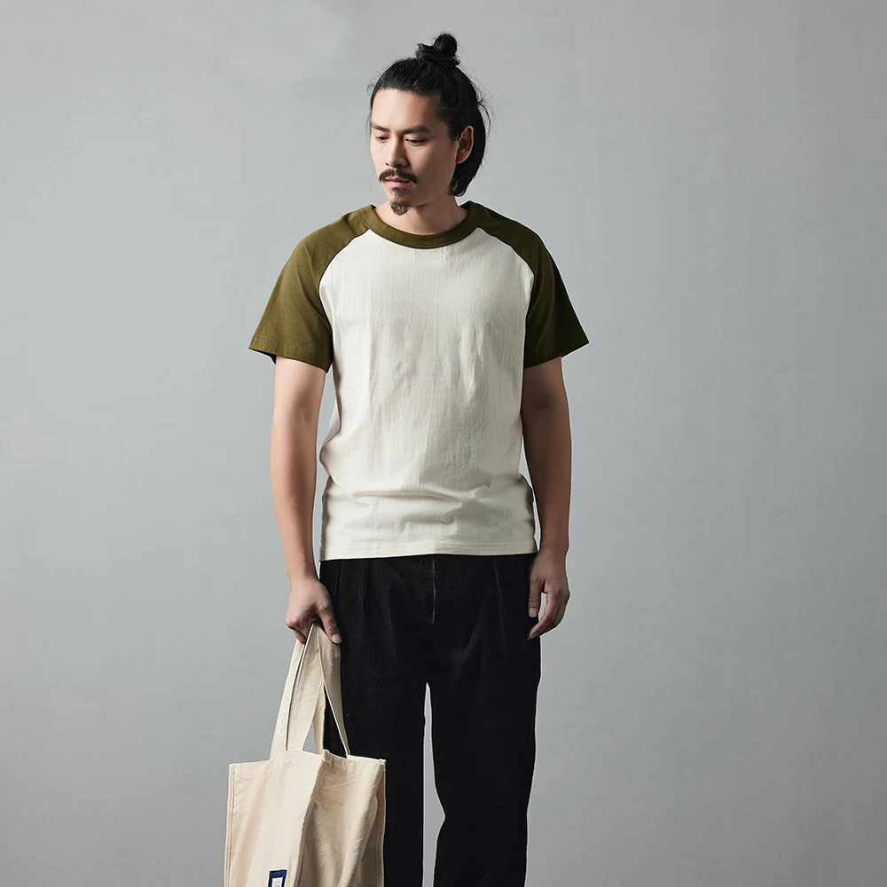 Vintage Men's Raglan T-Shirt Contrast Color Short Sleeve Cotton Tee Couple Summer Casual Loose