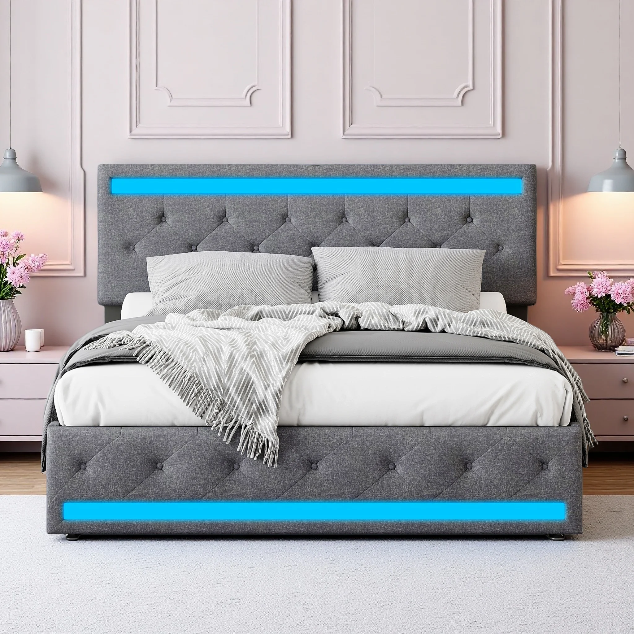 Letto imbottito Superaly, 140x190 cm, letto matrimoniale con 4 cassetti e spazio contenitivo, letto con contenitore e testiera imbottita, letto per ragazzi, struttura letto con rete a doghe, tessuto