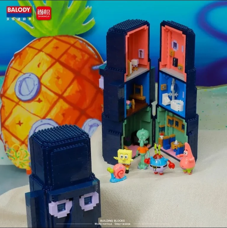 SpongeBob SquarePants Series Building Blocks Pineapple House Stone Statue Krusty Krab Model Bricks Desktop Deco Kids Toys Gifts