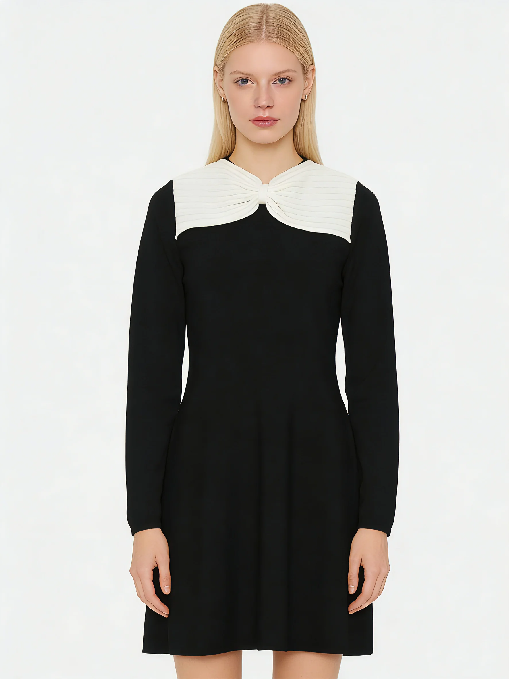 

Вязаное платье с бантом для женщин, черно-белое облегающее платье трапециевидной формы с длинными рукавами