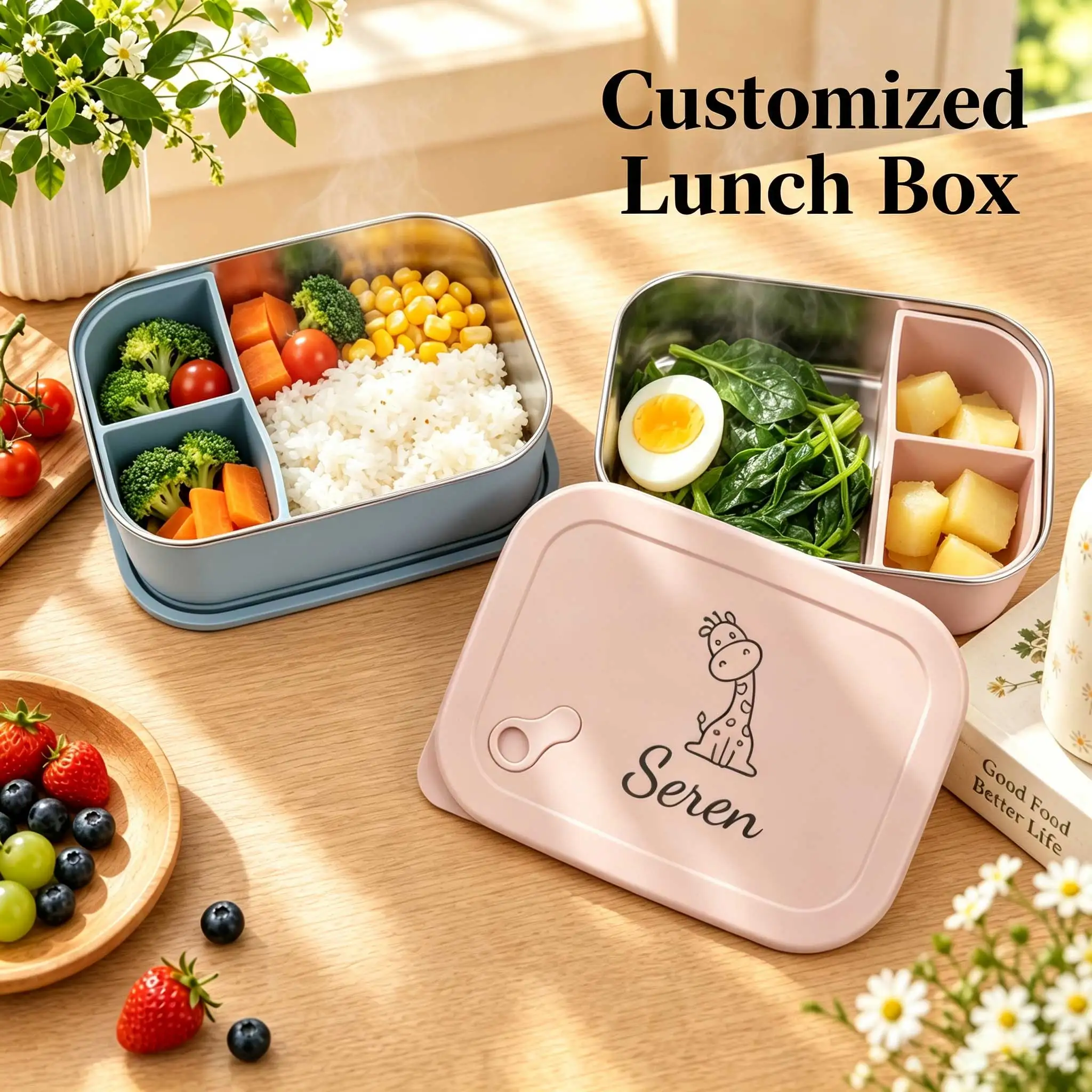 Custom Name Stainless Steel Lunch Box for Kids, Engraved Cartoon Divided Food Container, Leakproof Portable Bento Box, School Pi