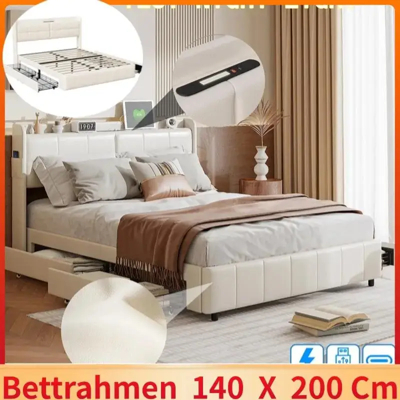 160x200/140x200cm white PU Leather Double Bed Rack with Four Drawers for Storage and USB Charging Port,mattress Not Included