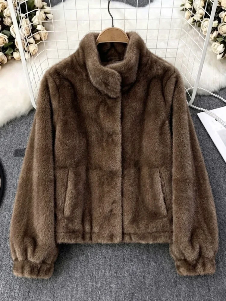 AACHOAE Women Faux Fur Jacket Winter Coat Stand Collar Long Sleeve Snap Button Warm Loose Casual Elegant Outerwear