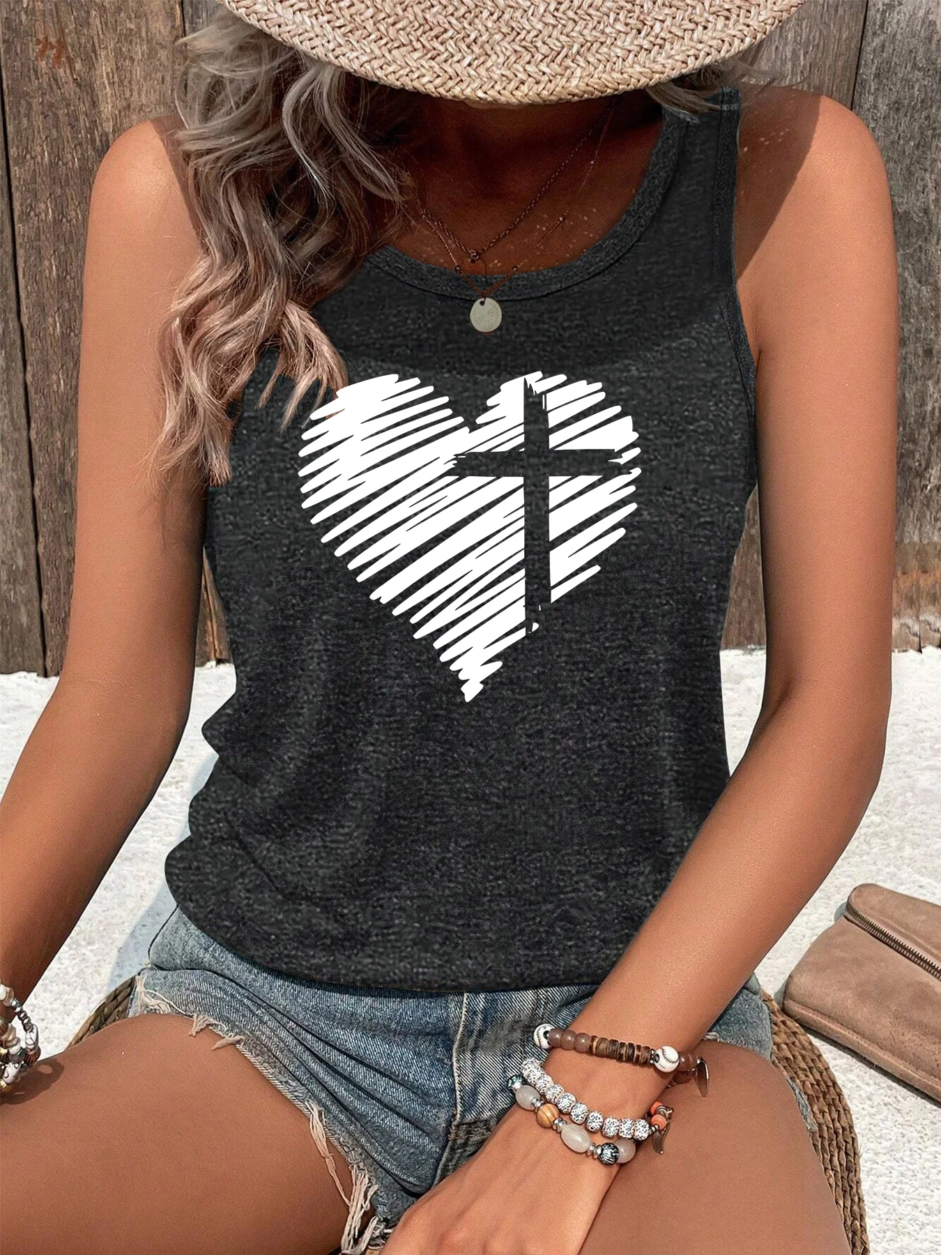 Cross Heart Graphic  Christian Jesus Faith God Funny Fashion Funny Sports Women's Tank Top Loose O Neck Sleeveless Casual Tank