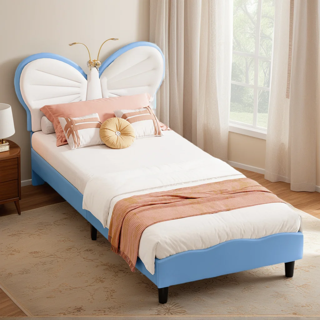 Comanlai, letto singolo con testiera a forma di farfalla, 90 x 190 cm, letto per ragazzi, letto imbottito con testiera regolabile in altezza, struttura letto per bambini, letto per cameretta di