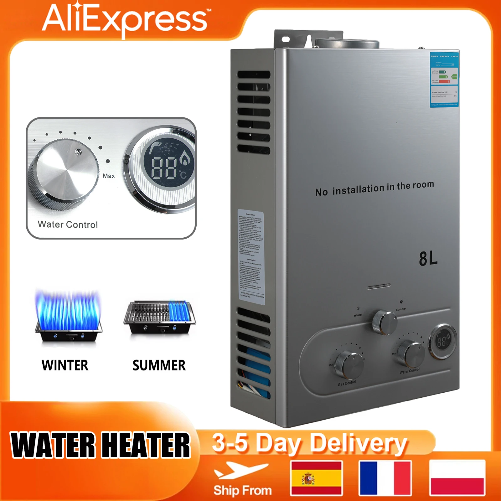 Calentador de agua a Gas Digital de 6L/8L, Kits de calentador de caldera de Gas propano sin tanque de acero inoxidable, GPL, aparato de Camping para el hogar
