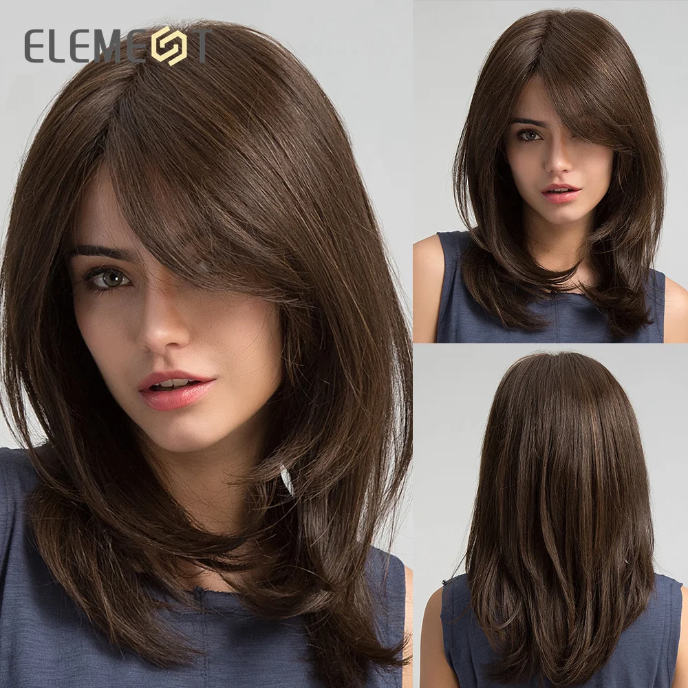 Element Medium Length Synthetic Straight Natural Brown Wigs with Side Bangs Heat Resistant Party Wigs for White/Black Women