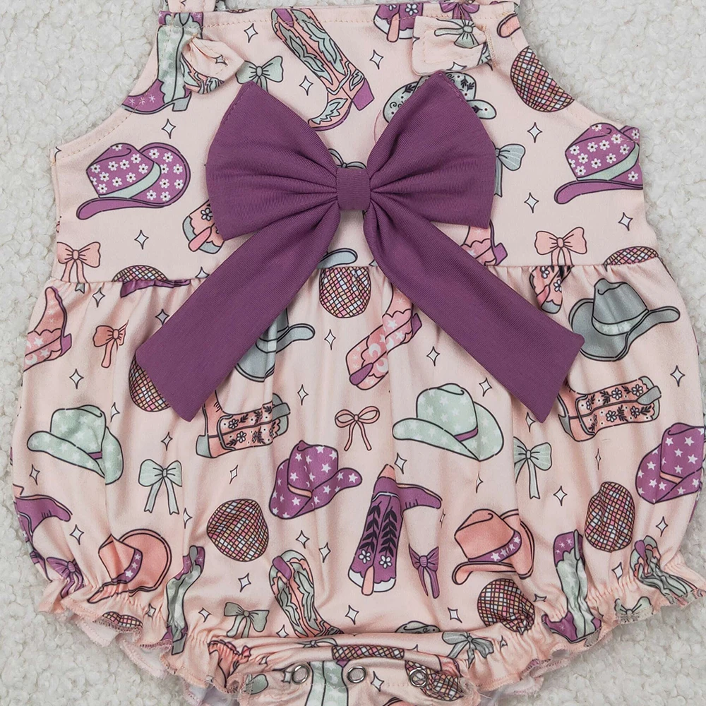 SR2897 Baby Girls Summer Rompers Baby Infant Girls Pink Strap Hats Boots Purple Bow Top Ruffle Rompers