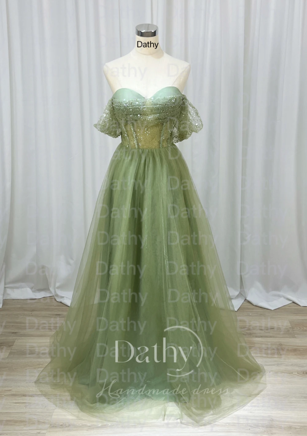 Dathy Green Off Shoulder Prom Shiny Dress Tulle Party Robe Dress Princess A Lline Evening Dress Formal Occasion Dresses