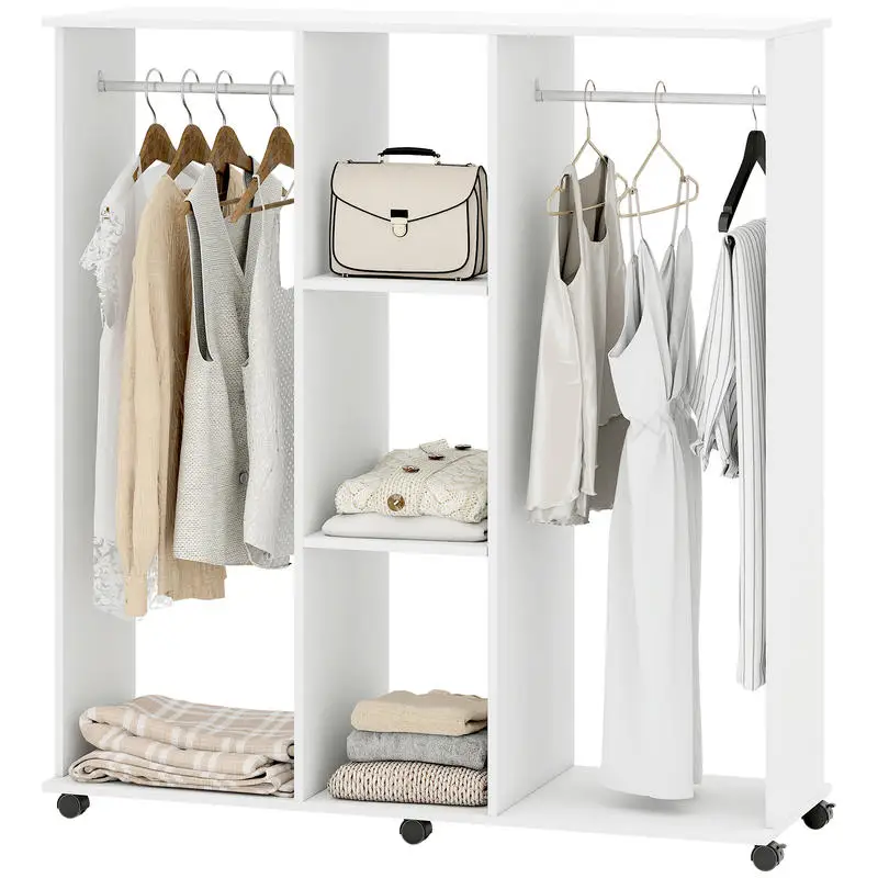 Armoire penderie meuble de rangement mobile 6 roulettes 120 x 40 x 128 cm en bois blanc