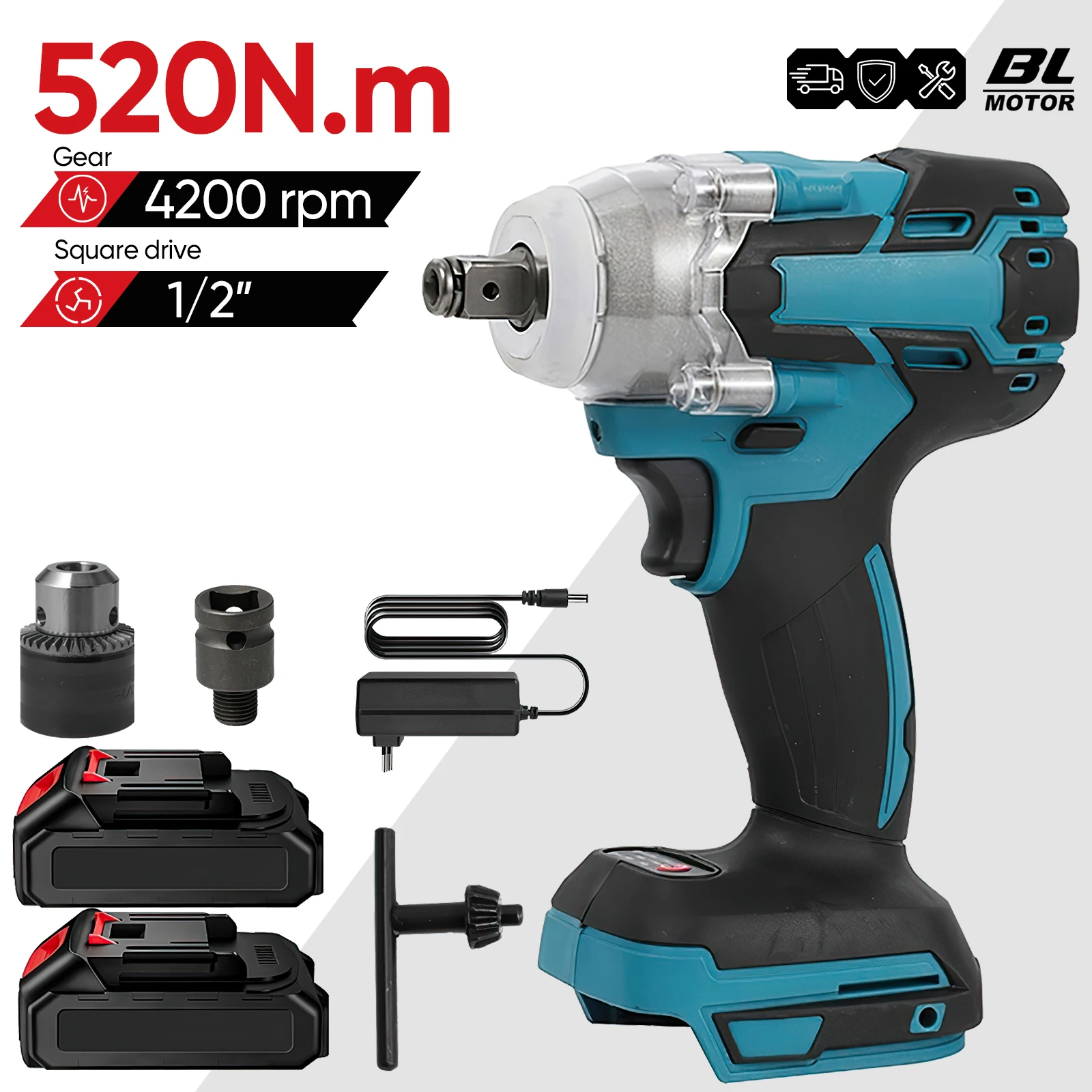 Avvitatore a impulsi elettrico senza spazzole, coppia 520 N.m, 1/2 pollice, avvitatore a batteria, utensile elettrico per batteria Makita 18V.